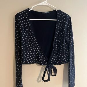 Brandy Melville navy blue floral long sleeve wrap top